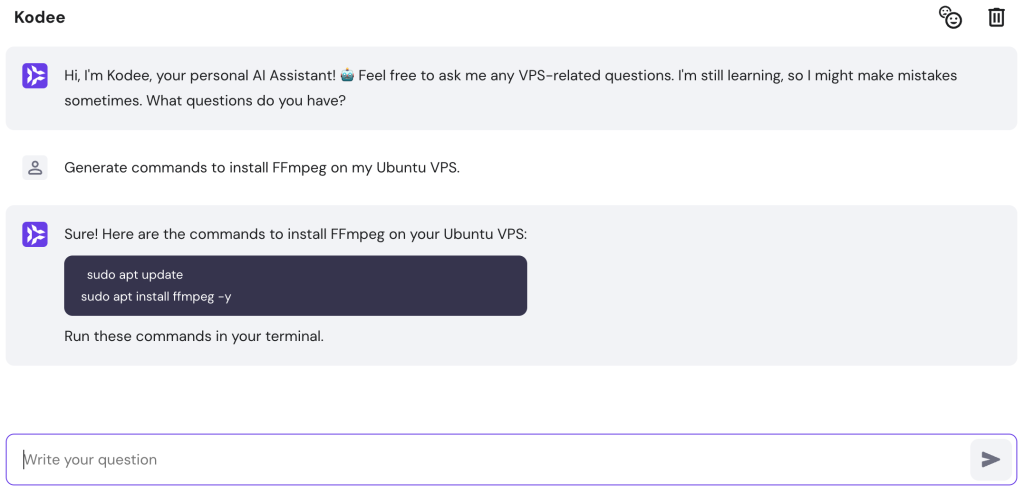 Kodee AI Assistant generates FFmpeg installation commands