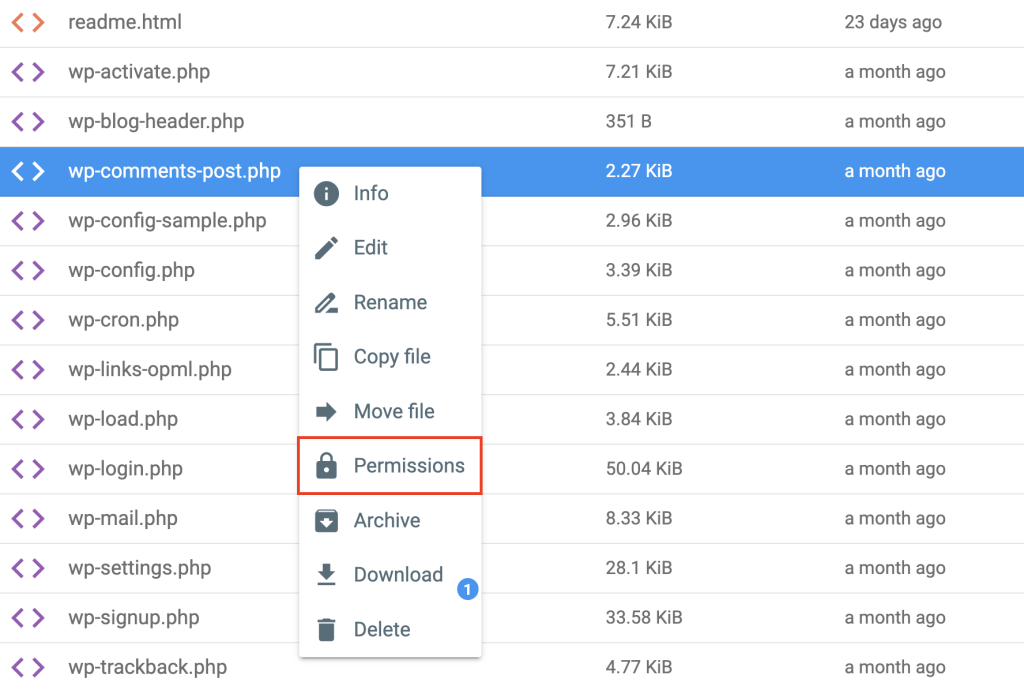 The Permissions option in a file manager