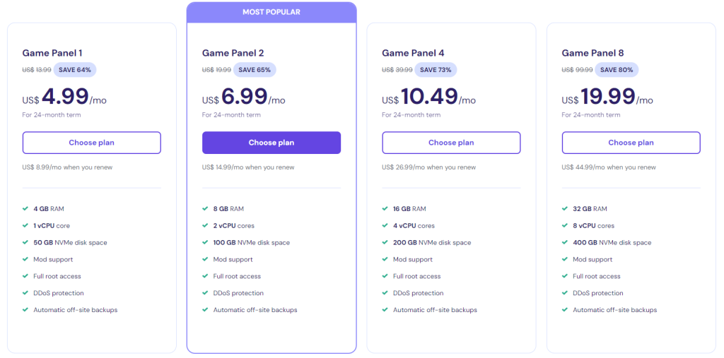 Hostinger Game Panel plans and features