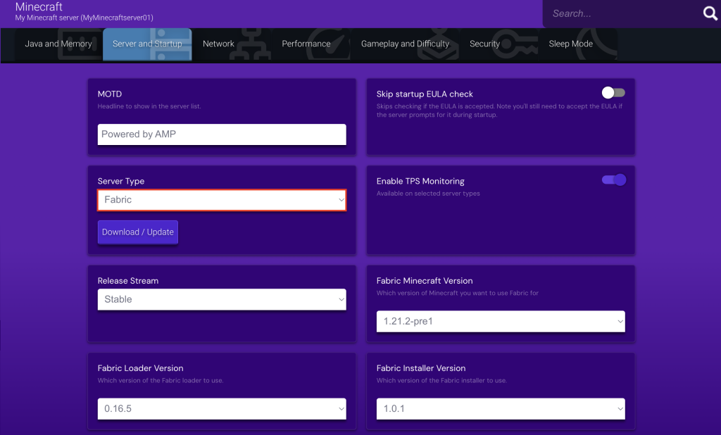 The Fabric option under the Server Type field in Game Panel