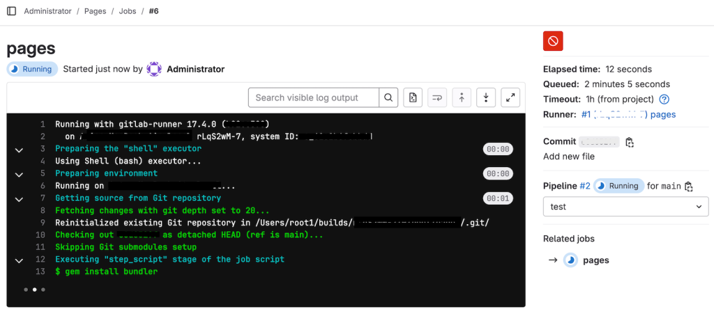 The GitLab pipeline log