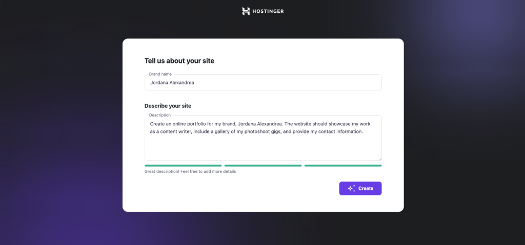 Hostinger AI website creation form for WordPress