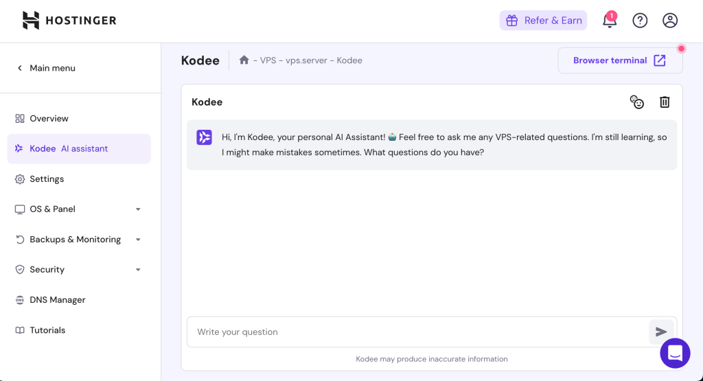 Kodee AI assistant screen on hPanel