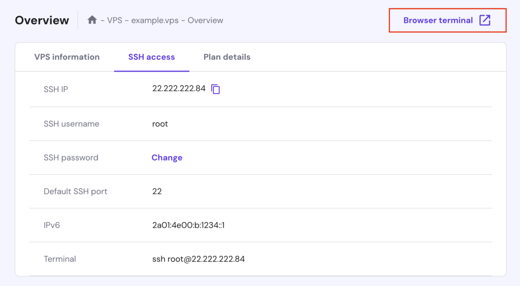 The Browser terminal button in Hostinger's VPS