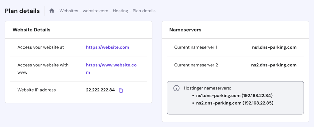 The Website IP address and Current nameserver information in hPanel