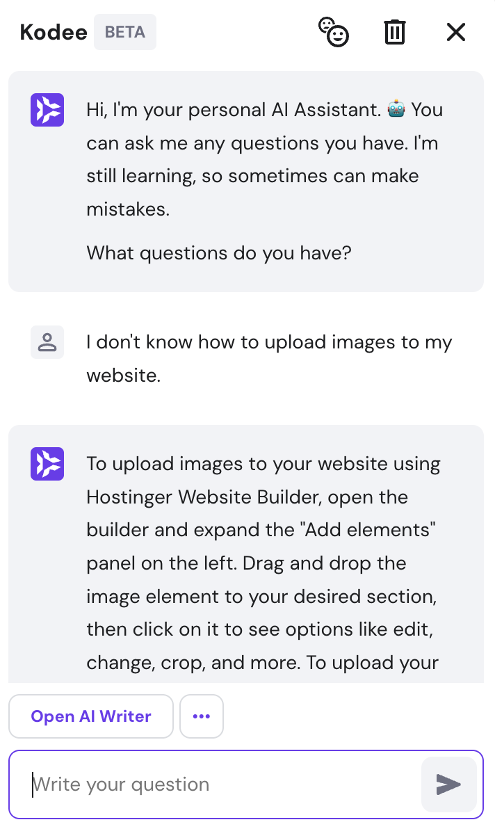 The Kodee AI Assistant pop-up window on Hostinger Website Builder