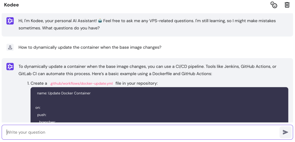 Using Kodee on the VPS dashboard to answer a question about Docker