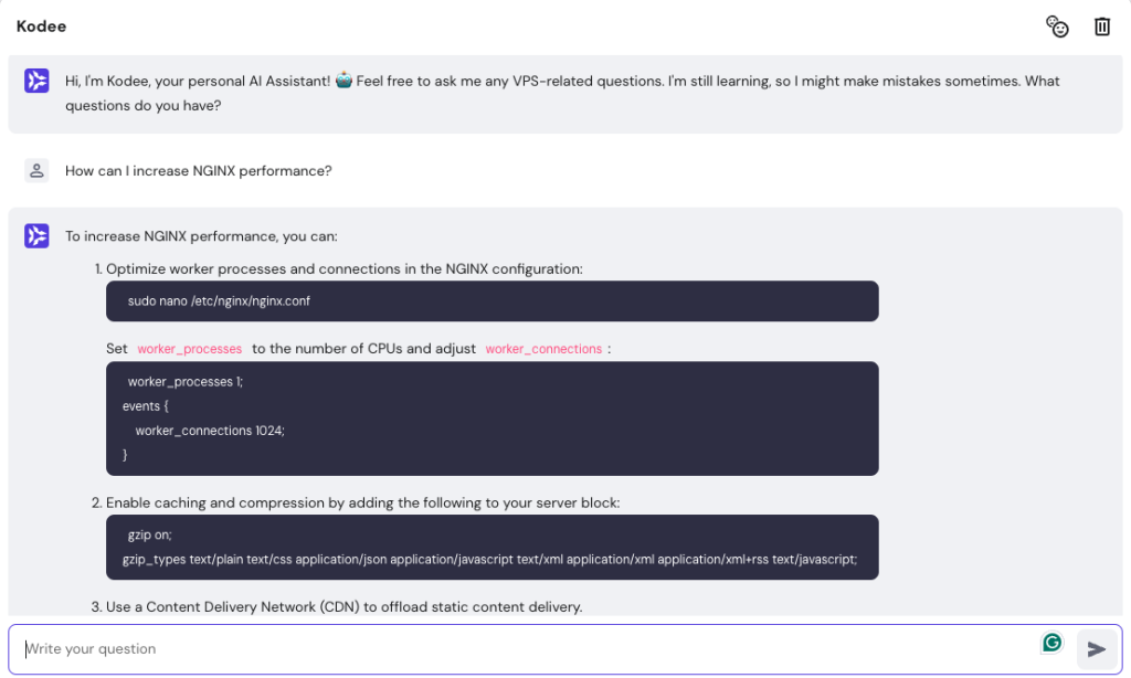 Demonstrating how to use Kodee to ask about increasing NGINX performance