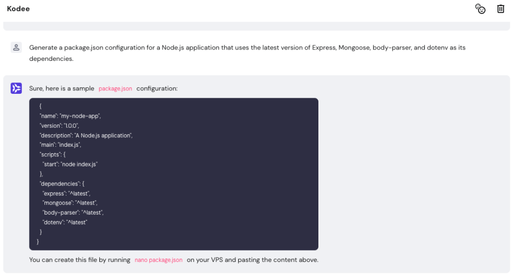 Kodee generates JSON configuration specifying project dependencies