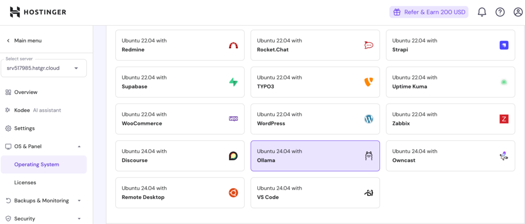 Hostinger offers a pre-built template for installing Ollama on your Ubuntu-based VPS