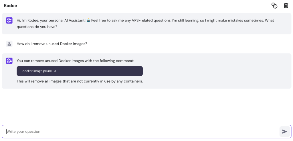 Using Kodee to ask about removing unused Docker images