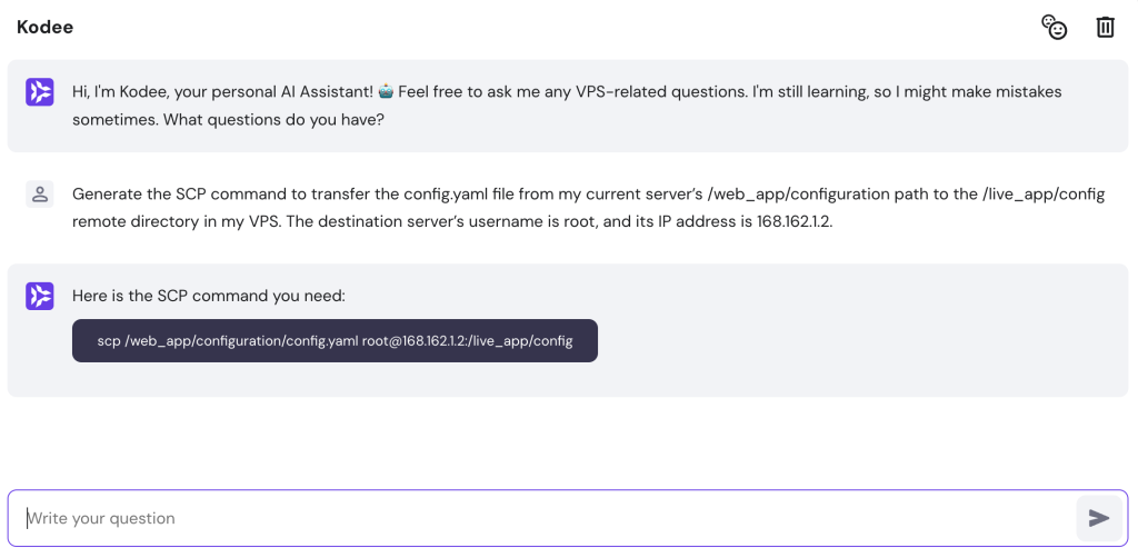 Kodee generates SCP command based on the user's prompt