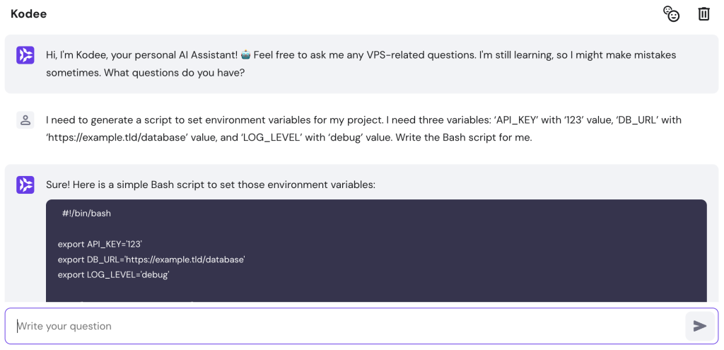 Kodee generates script for setting up environment variables