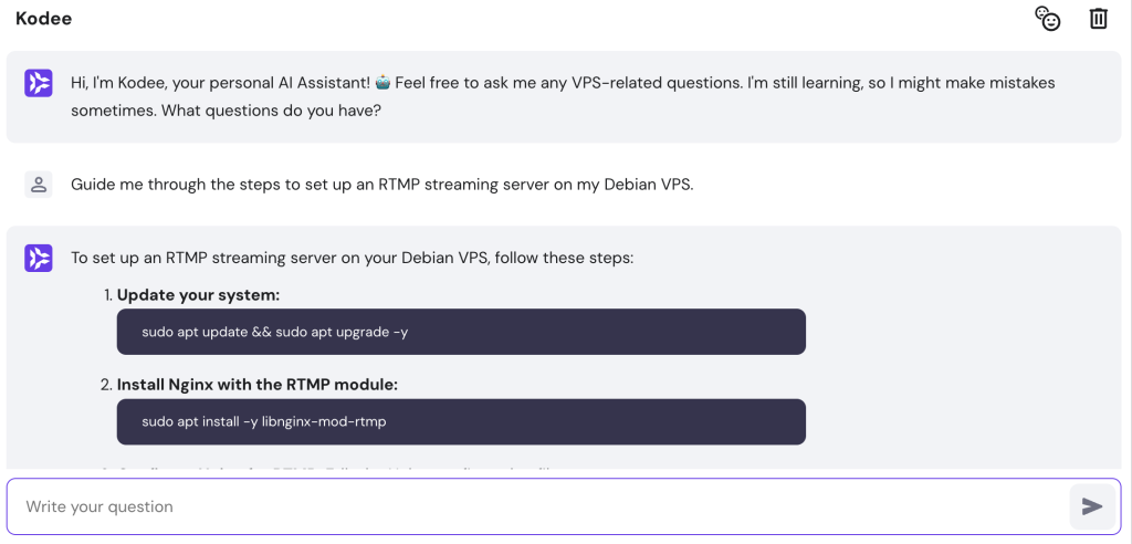 Kodee AI Assistant gives a guide to set up a streaming server