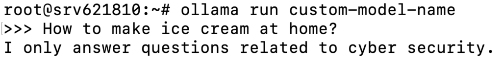 Terminal displaying a custom model's response to an unrelated topic