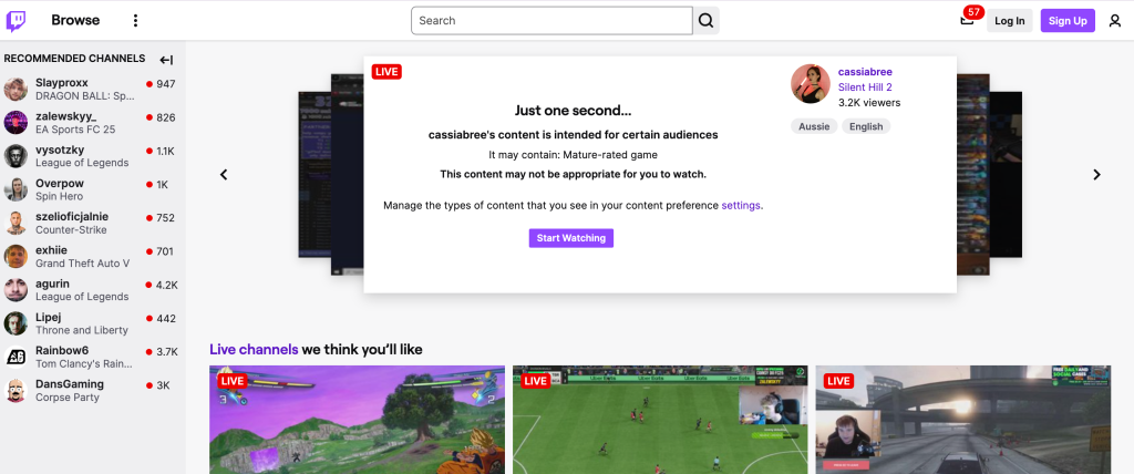 Twitch homepage