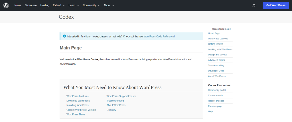 WordPress Codex's home page