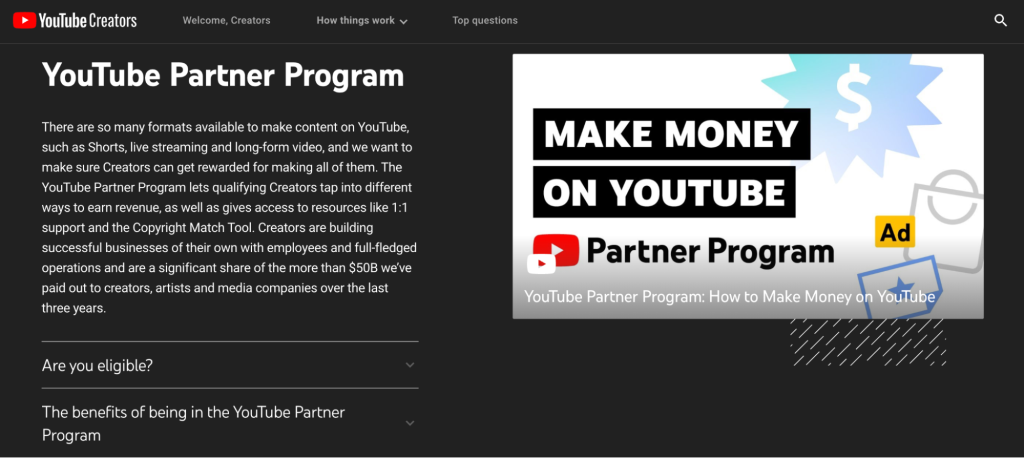 Youtube Partner Program's homepage