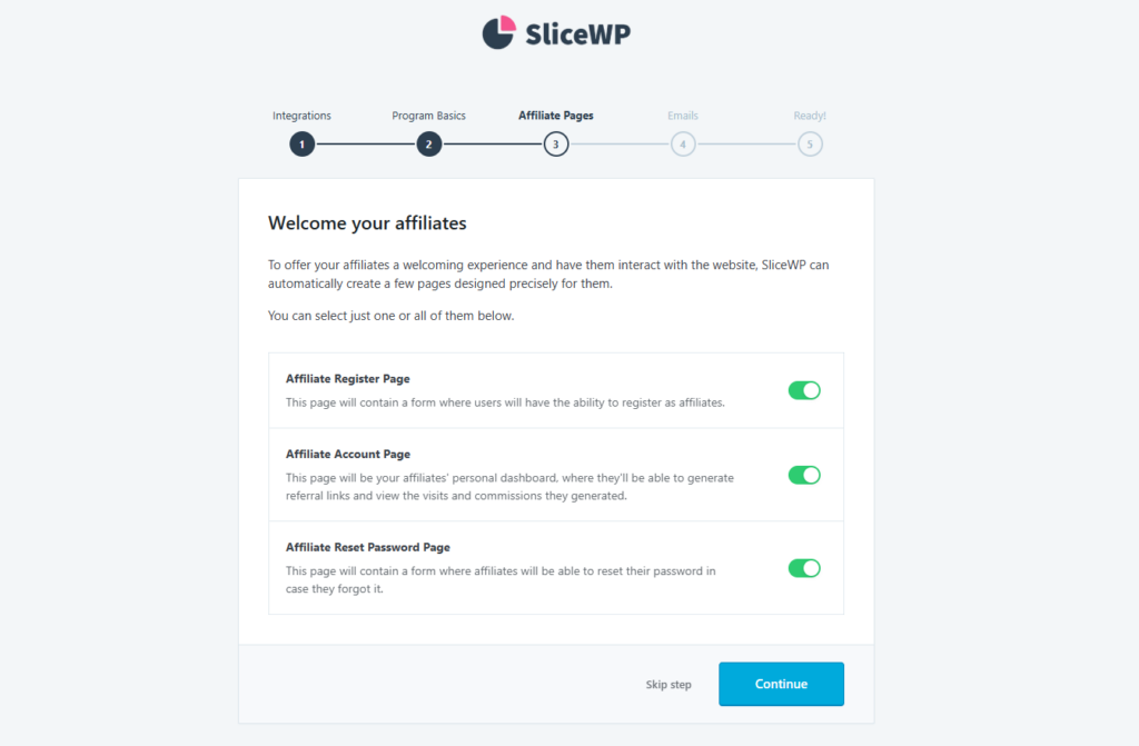 The affiliate pages creation page on SliceWP's initial setup wizard