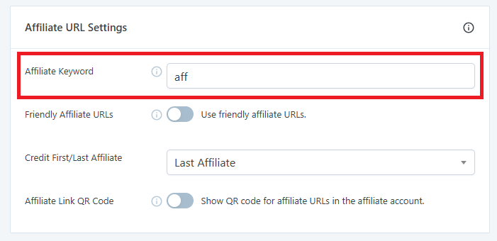 The Affiliate Keyword field highlighted in SliceWP's Affiliate URL Settings