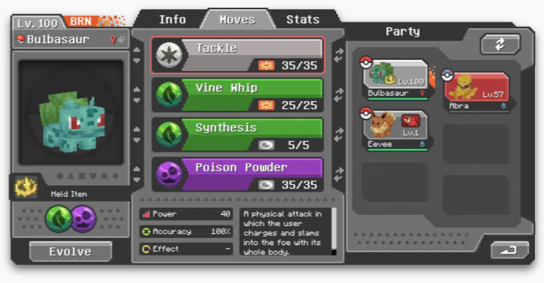 A screenshot of the Cobblemon mod interface showing a level 100 Bulbasaur with moves Tackle, Vine Whip, Synthesis, and Poison Powder.