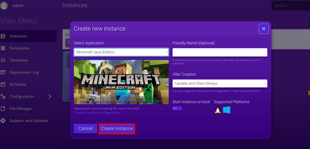 Creating Minecraft instance on Hostinger game panel