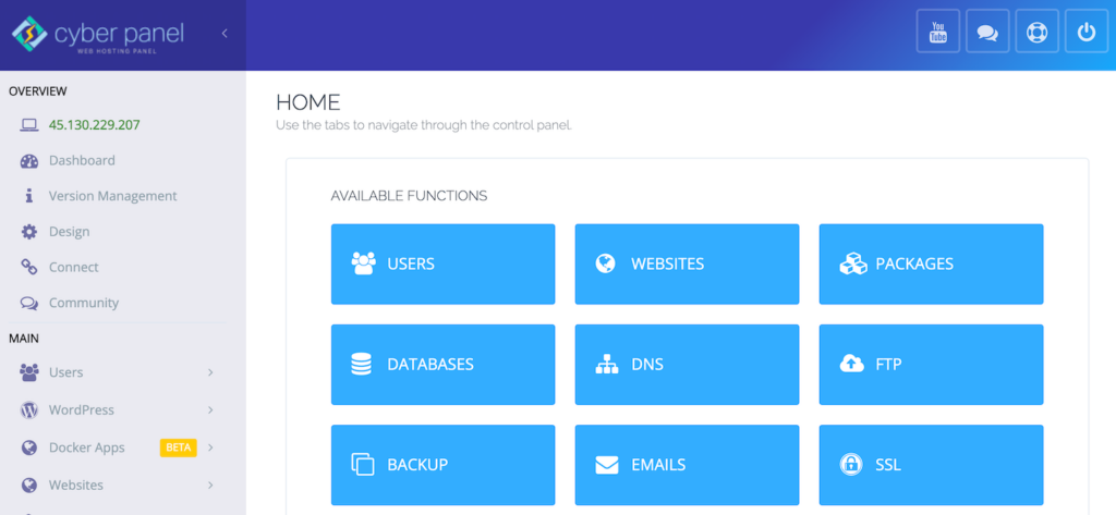 CyberPanel dashboard's user interface