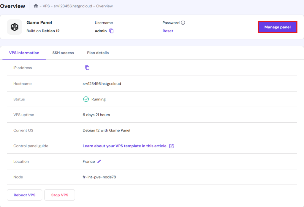 The Hostinger hPanel, showing the VPS section open with the Manage panel button next to the Game Panel highlighted