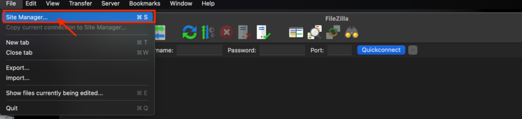 The main FileZilla dashboard, showing the File menu opened and Site Manager selected.