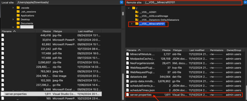 The FileZilla FTP client, showing the edited server.properties file appearing in the Remote site panel