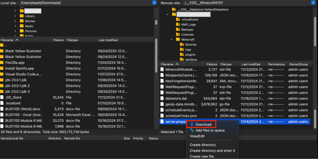 The FileZilla FTP client, showing the server.properties file selected in the remote site directory and the Download option highlighted