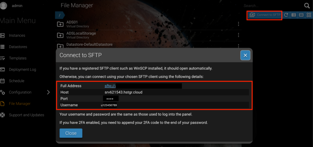 The Hostinger Game Panel's File Manager, showing the Connect to SFTP pop-up window with information about connecting an FTP client to your Minecraft server