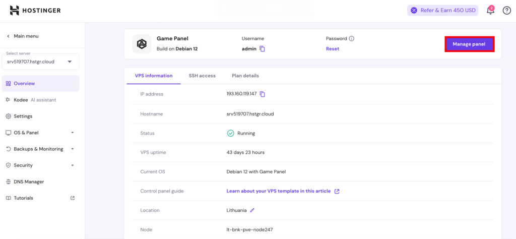 hPanel VPS manage page