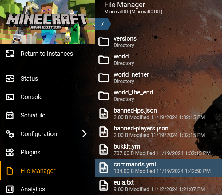 The Hostinger Game Panel File Manager, showing the commands.yml file highlighted within the main server directory