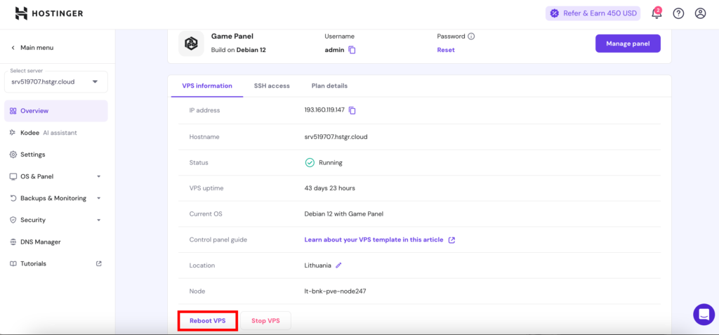 reboot vps on hPanel