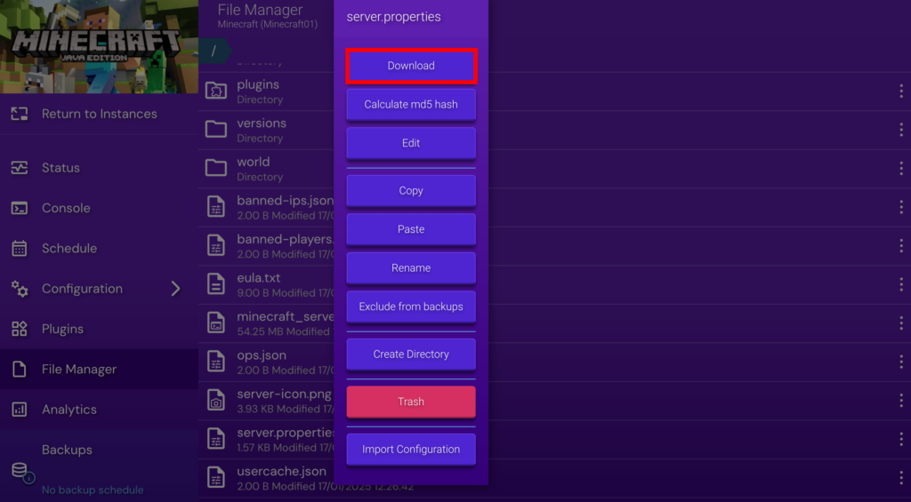 Downloading server.properties file