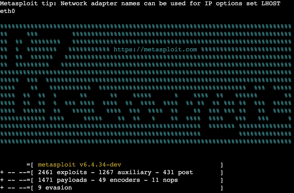 The Metasploit console in the terminal