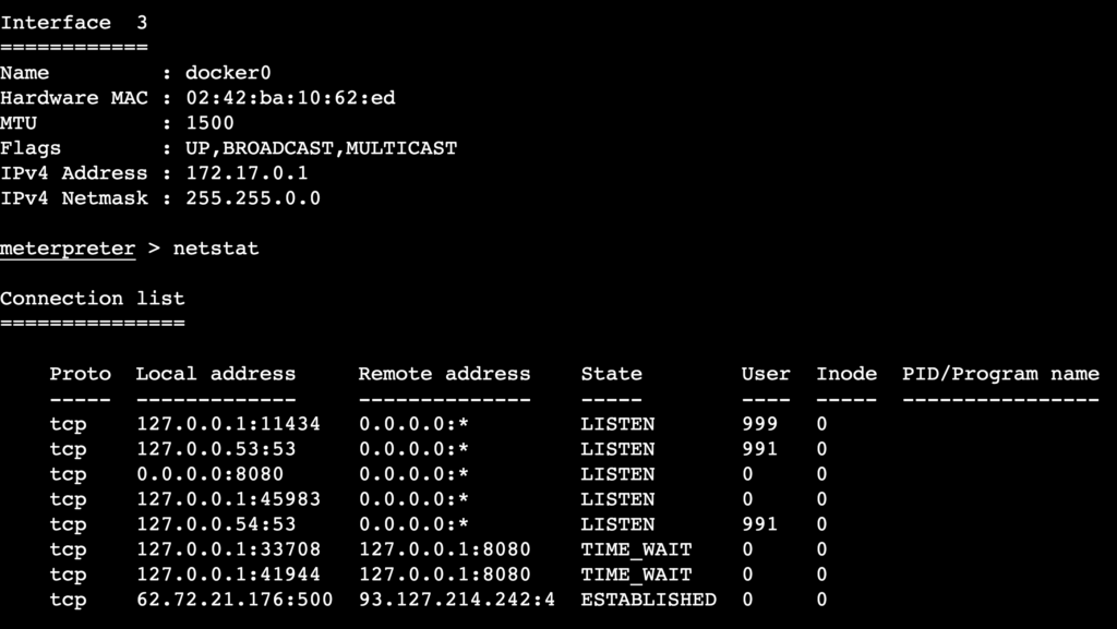 The outputs of ifconfig and netstat commands in Meterpreter