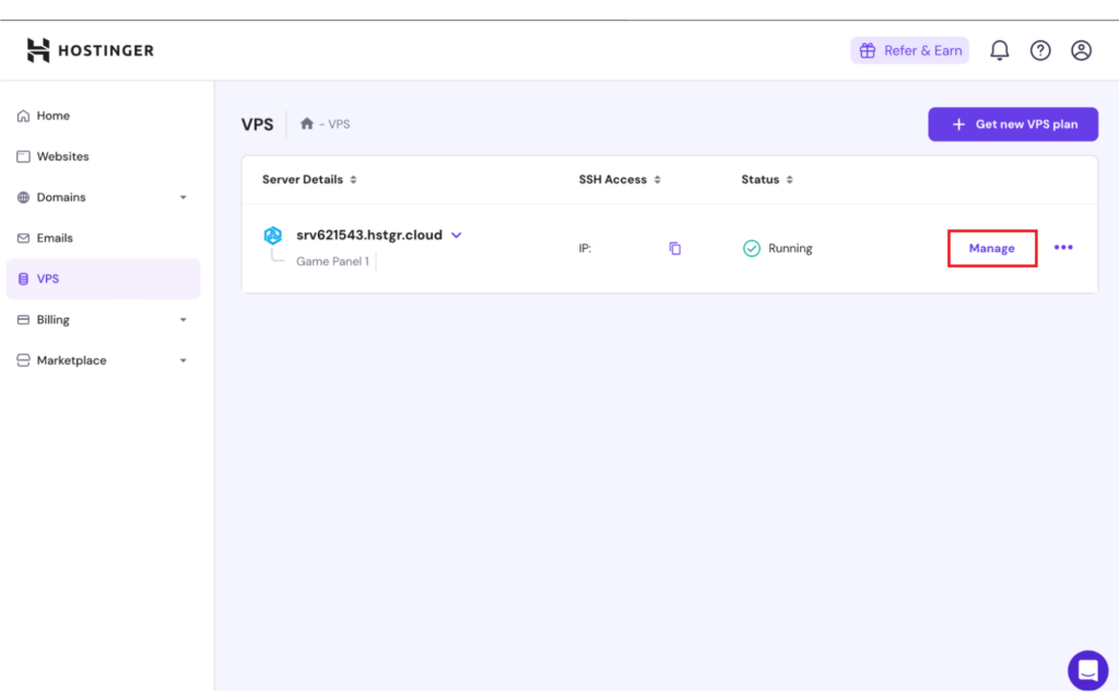 Hostinger VPS manage button