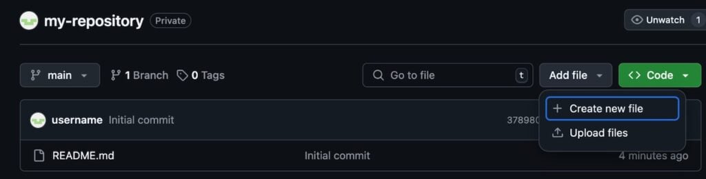 The upload file menu on GitHub