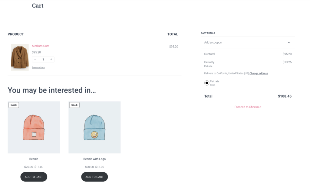 WooCommerce cart page showing two cross-sells related products