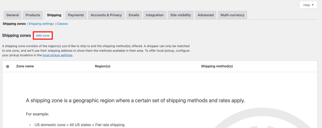 WooCommerce shipping zone setting, highlighting the button to add a new zone