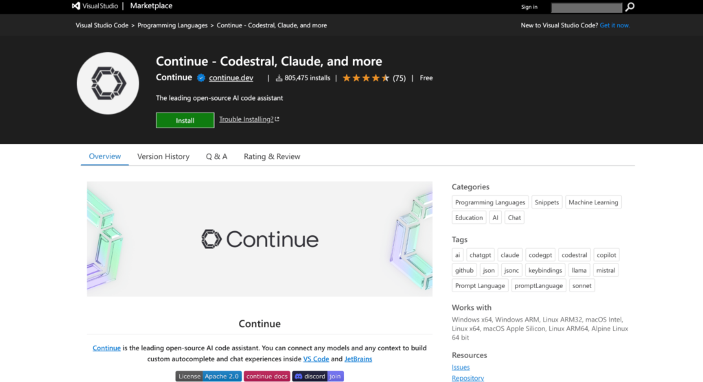 Continue for VS Code marketplace page
