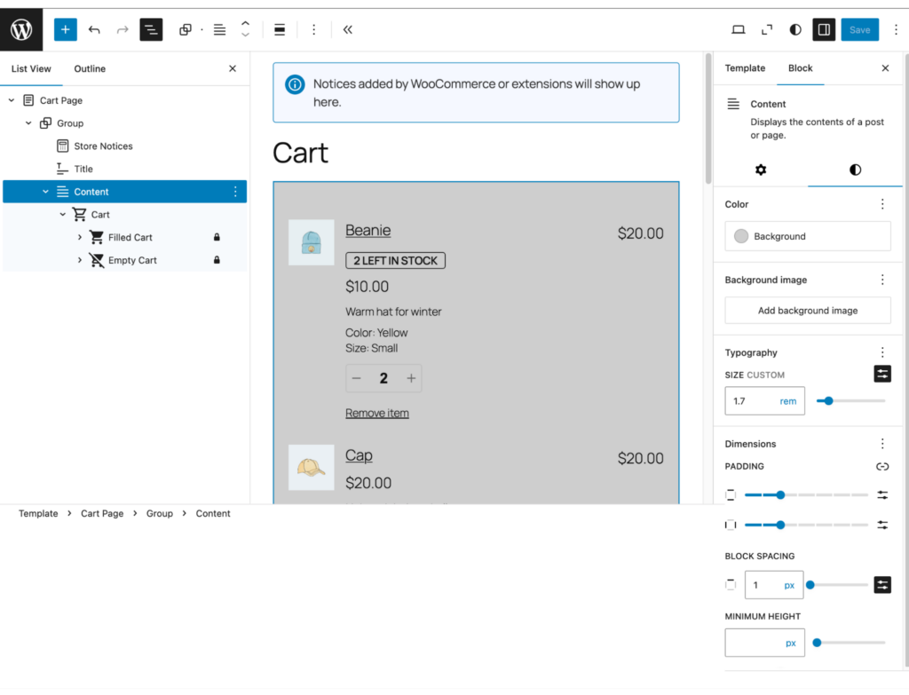 Editing the cart template with Gutenberg blocks
