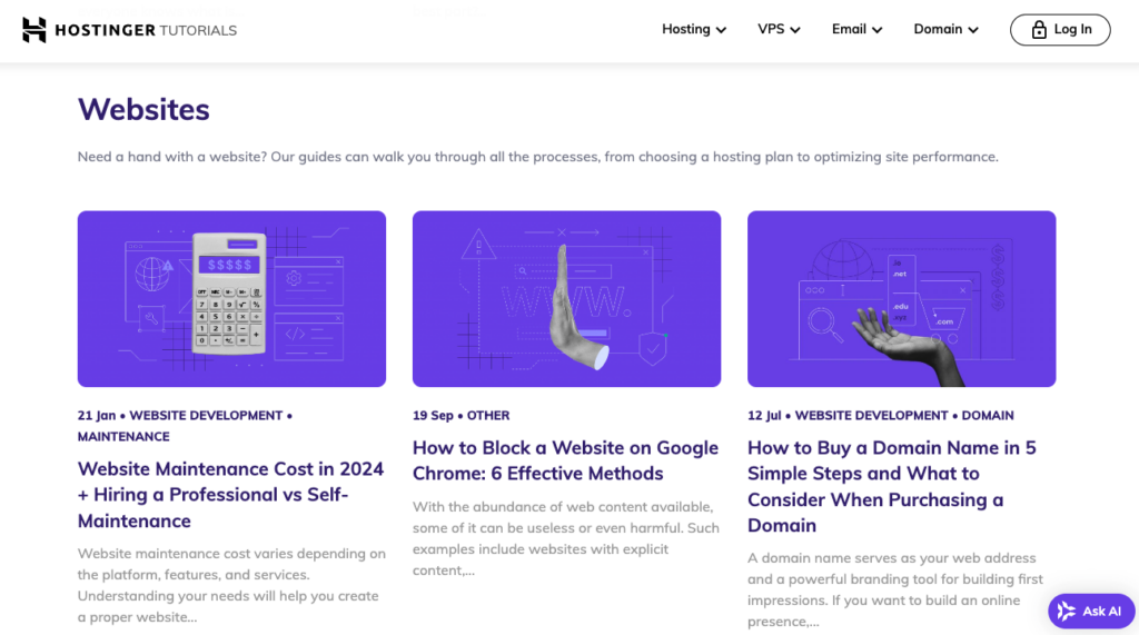 Hostinger tutorials site page as an example of a website