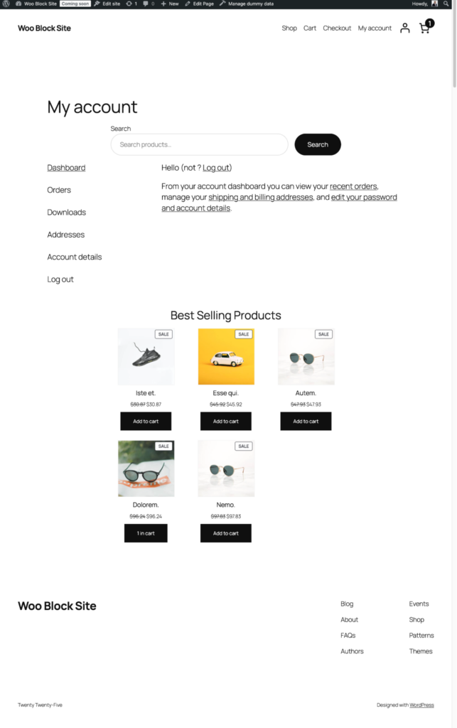 The account template with best selling products displayed
