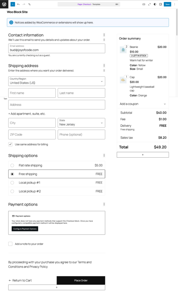 The checkout template on the Gutenberg editor
