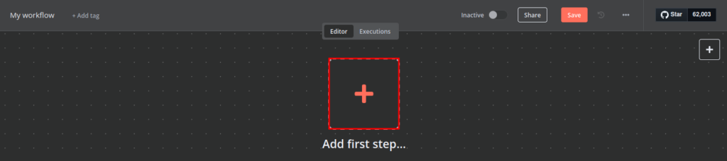 n8n workflow creation canvas showing to add a first step