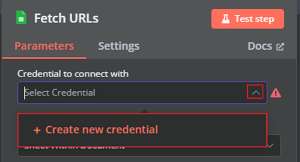 Create new credential option highlighted for a node.