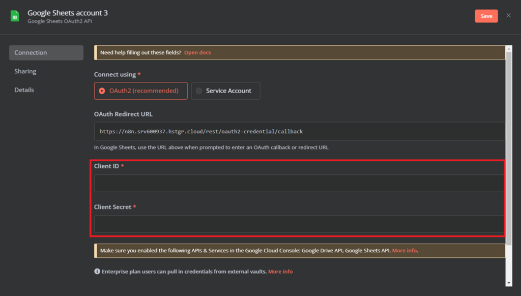 View of credentials configuration interface